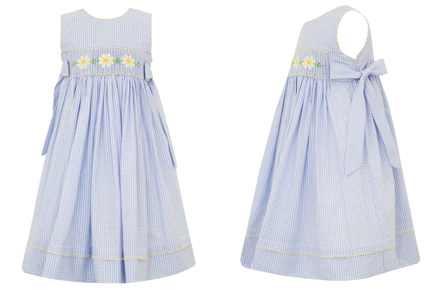 Daisies Sleeveless Dress with side bows - Blue Seersucker check