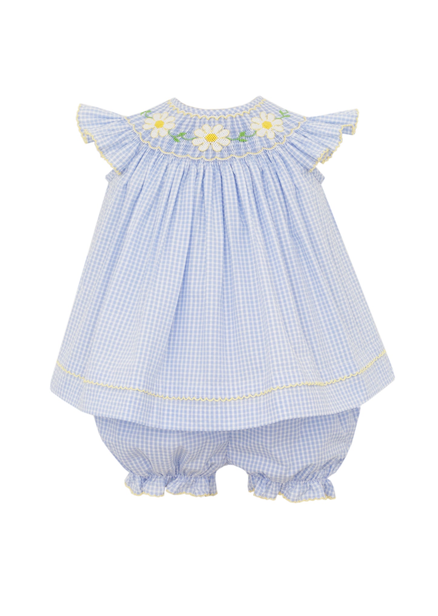 Daisies Bishop Bloomer Set - Blue Seersucker Check