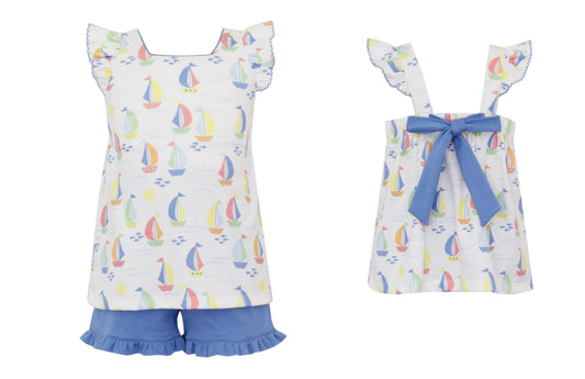 Sailboat's girl's short set with Periwinkle bloomers